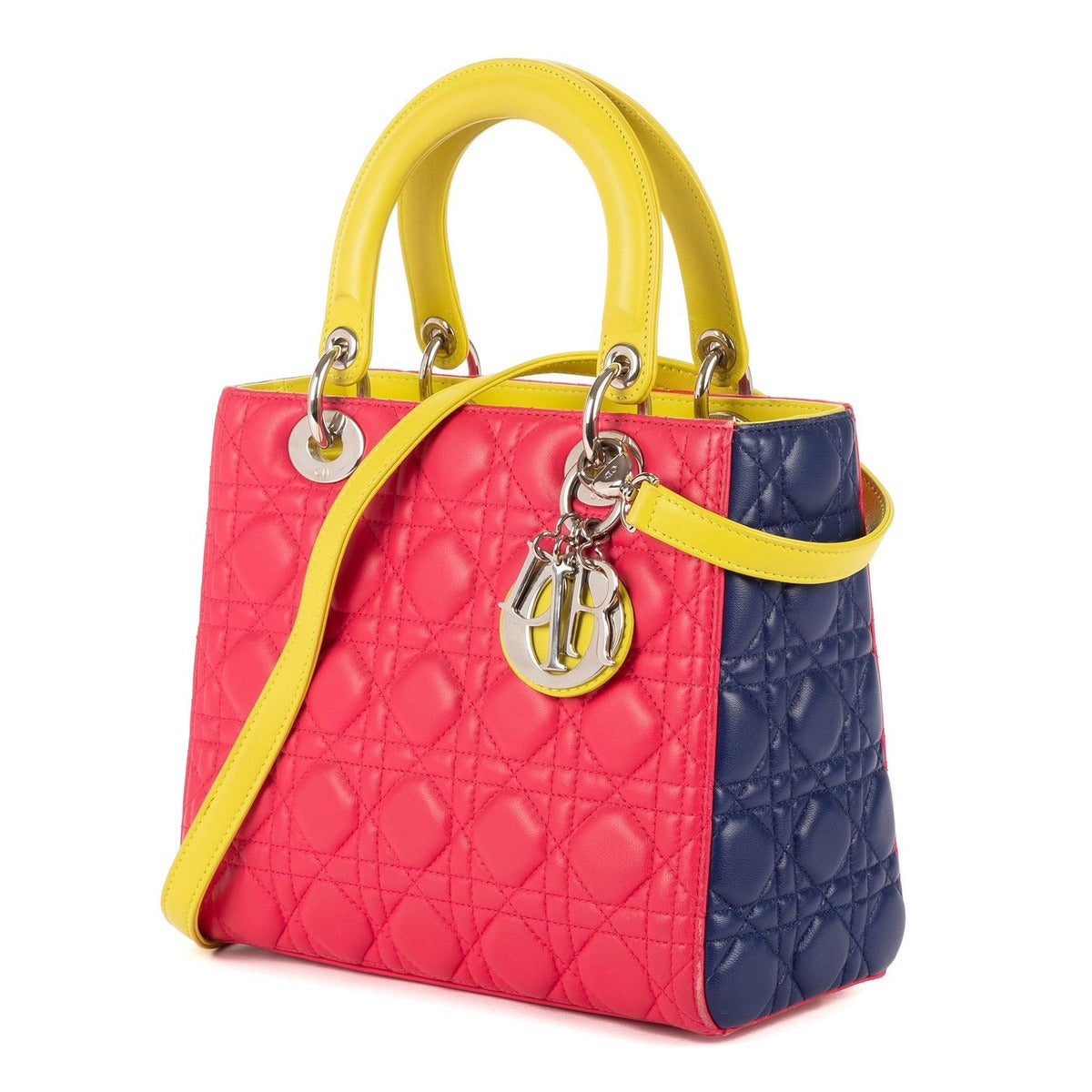 Dior Lady Tricolor Yellow Navy Cannage Quilt Handbag