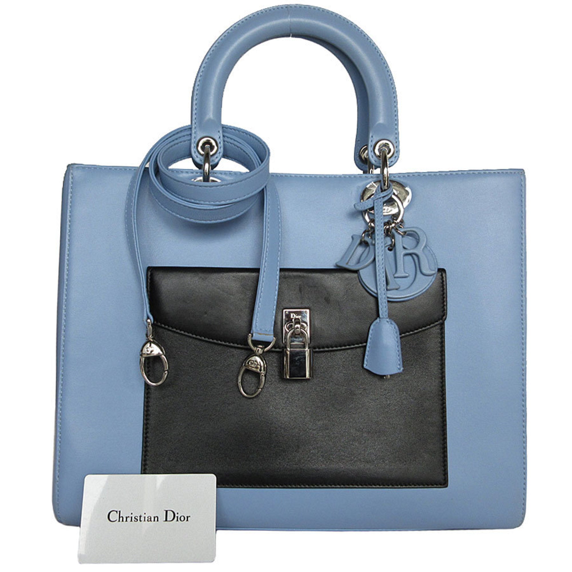 Christian Dior Black Light Blue White Leather Handbag Shoulder Bag