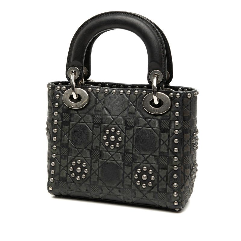 Dior Cannage Lady Studded Handbag Chain Shoulder Bag 2WAY Black Leather