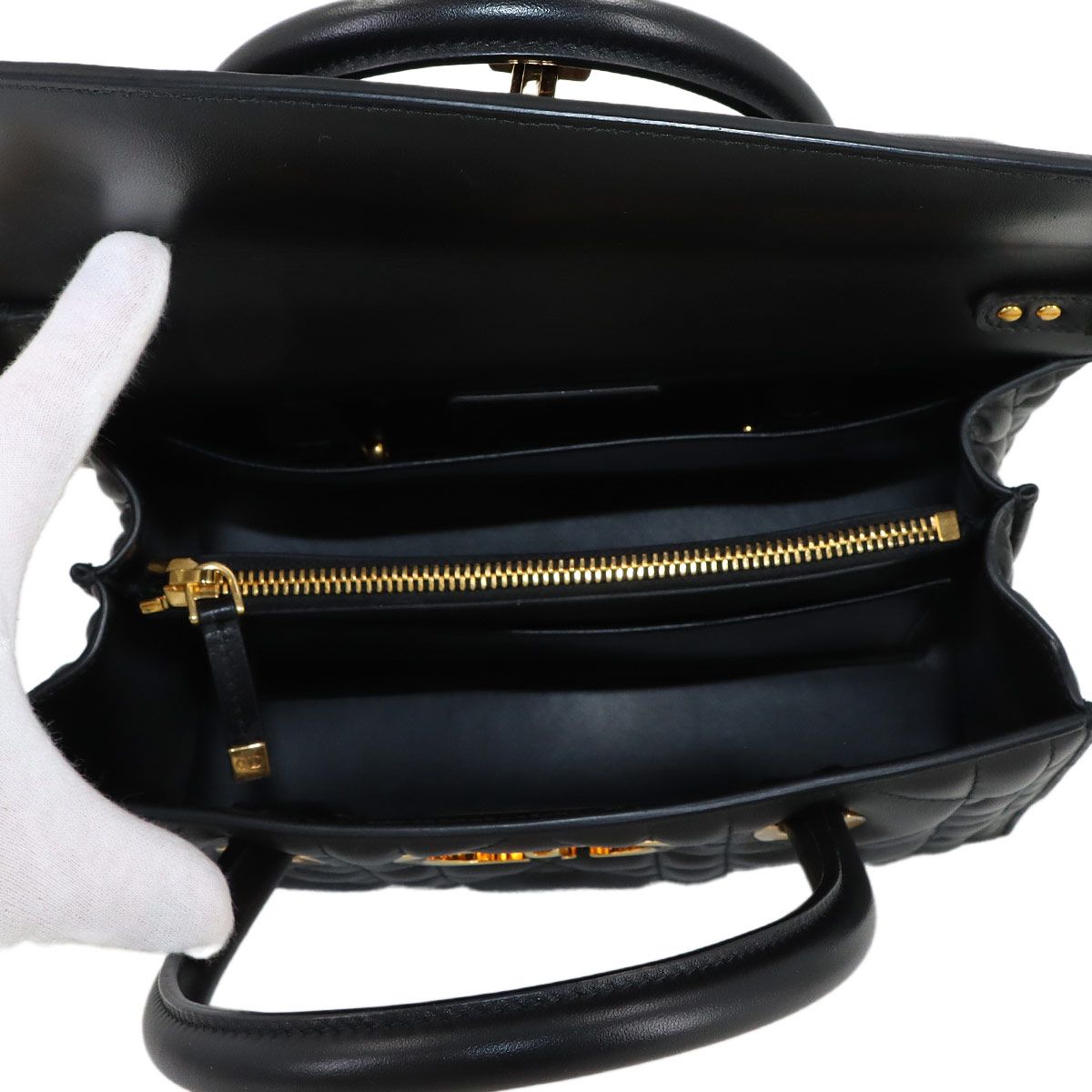 Dior Saint Honore Macro Cannage 2-Way Hand Bag Leather Black