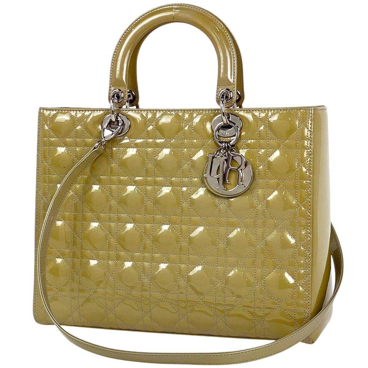 Dior Lady 2-Way Enamel Cannage Handbag Patent Leather Yellow