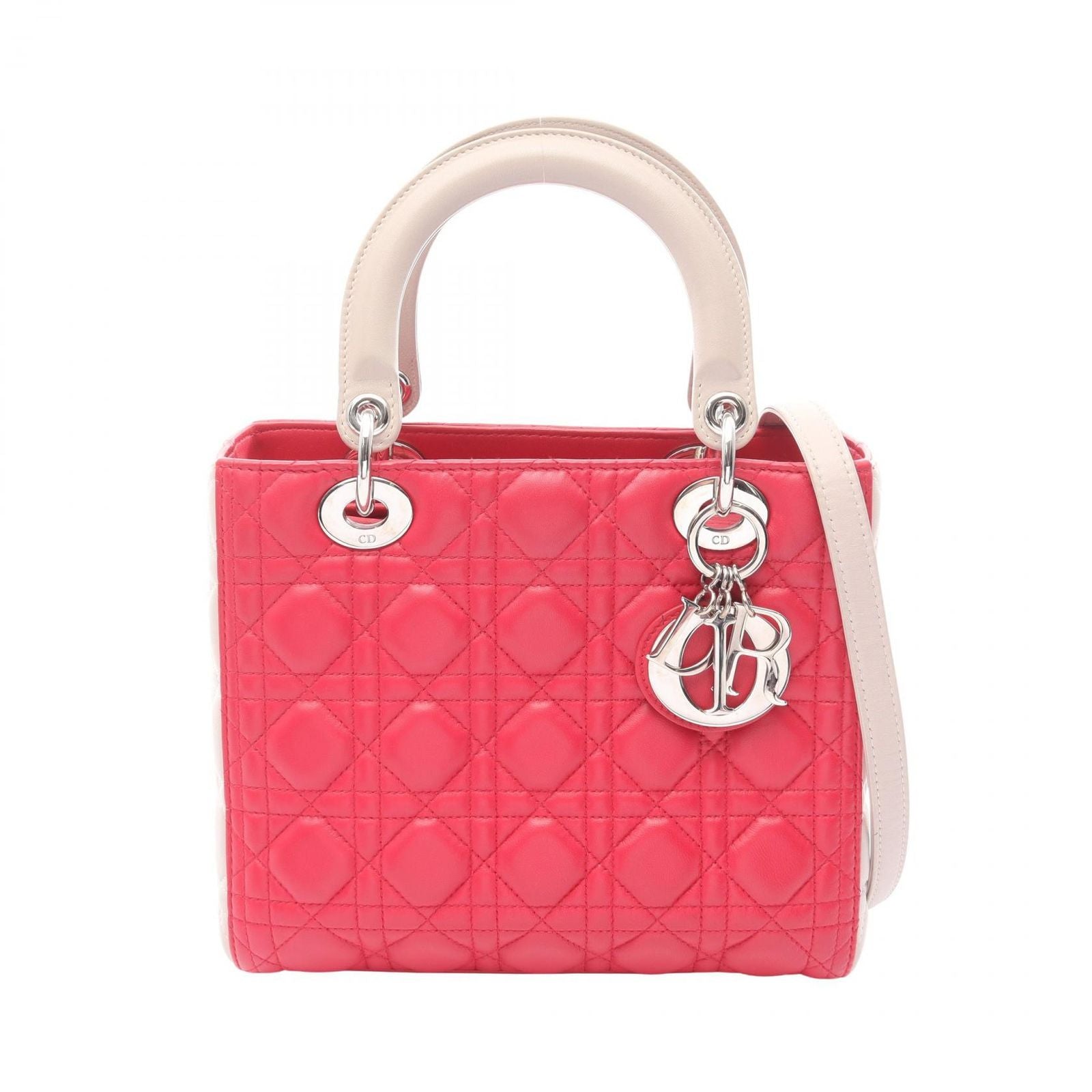 Dior Handbag Lady Dior Cannage 2-Way Magenta Light Gray Leather