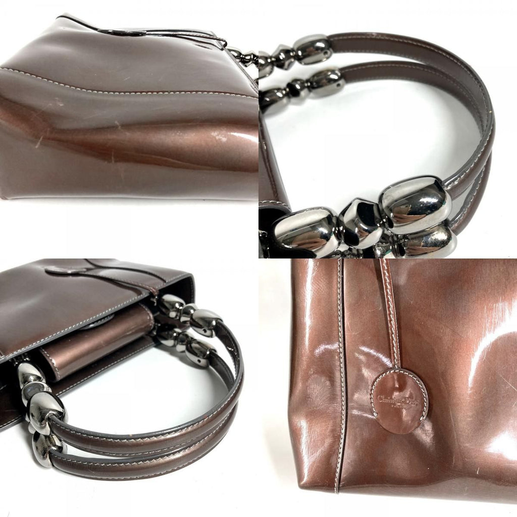 Dior Handbag Maris Pearl Logo Patent Leather Brown