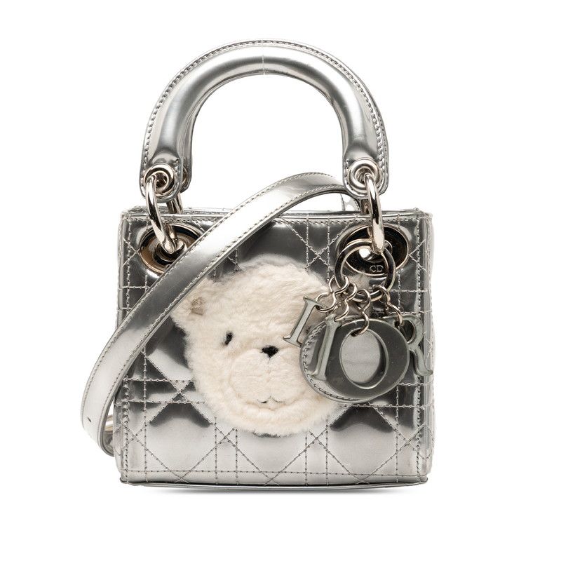 Dior Cannage Baby Lady Dior Nano 2-Way Shoulder Bag Silver Patent Leather