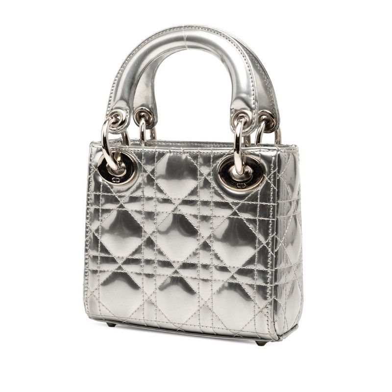 Dior Cannage Baby Lady Dior Nano 2-Way Shoulder Bag Silver Patent Leather