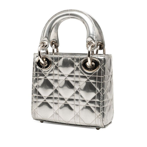Dior Cannage Baby Lady Dior Nano 2-Way Shoulder Bag Silver Patent Leather