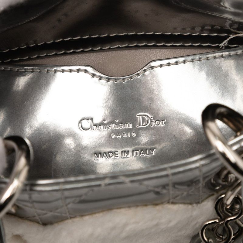 Dior Cannage Baby Lady Dior Nano 2-Way Shoulder Bag Silver Patent Leather