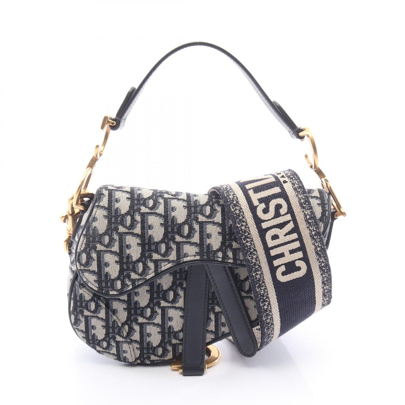 Dior Handbag Saddle Oblique 2-Way Navy Canvas Leather Bag Mini