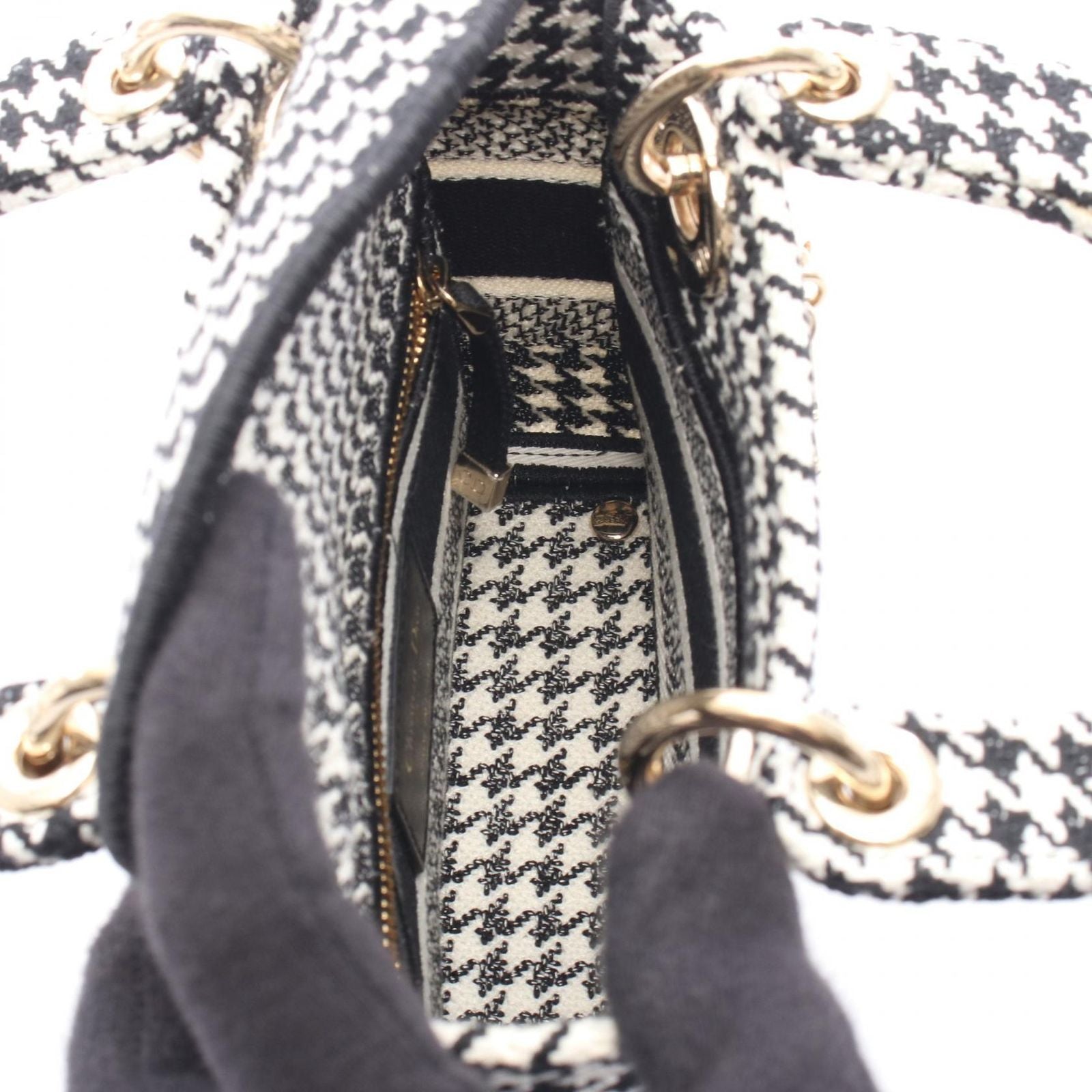 Dior Handbag Lady D-Lite Mini Houndstooth 2-Way White Black Canvas Lady Dior
