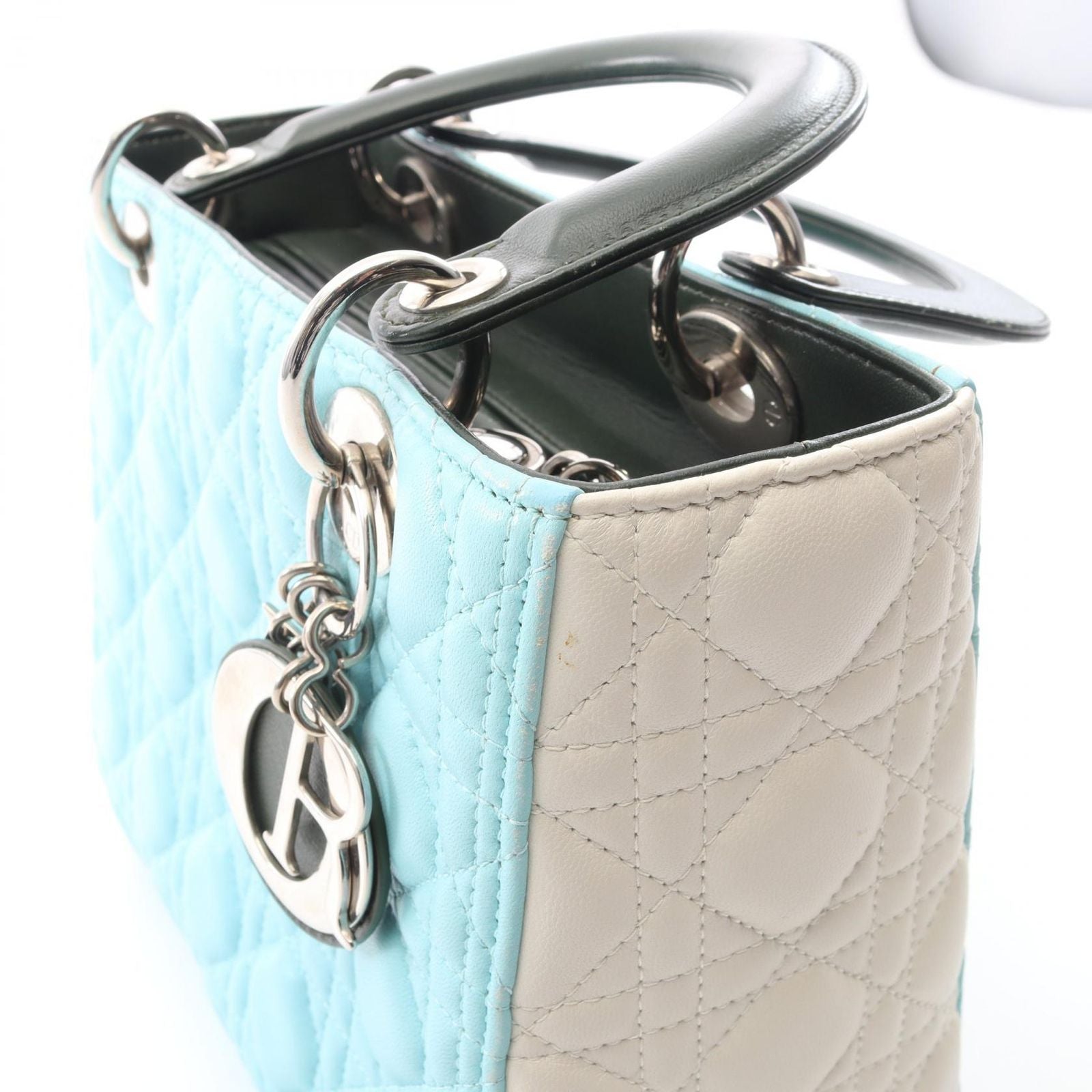 Dior Handbag Lady Dior Cannage Light Blue Ivory Green Leather Tote