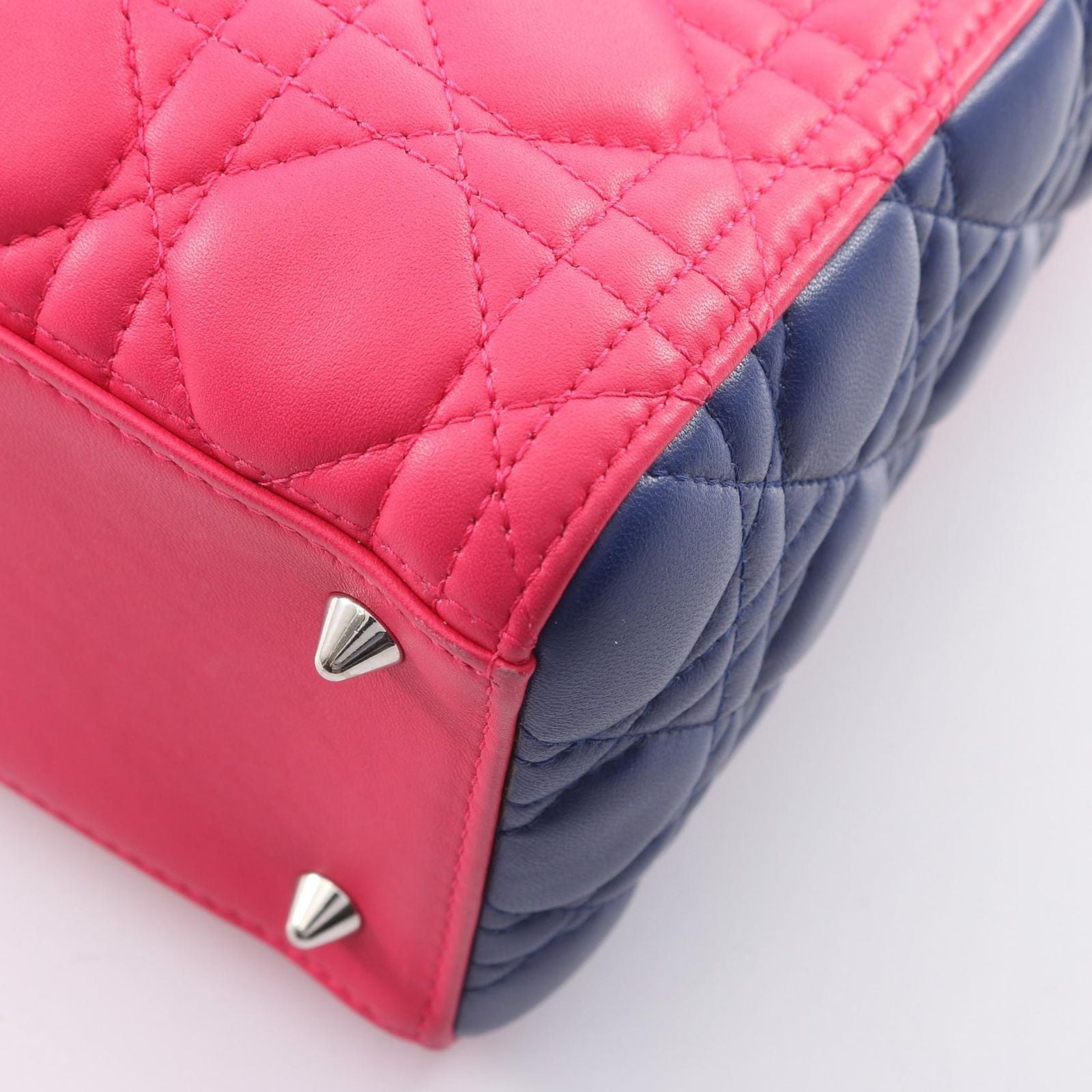 Dior Handbag Lady Dior Cannage 2-Way Magenta Blue Yellow Lambskin Tote