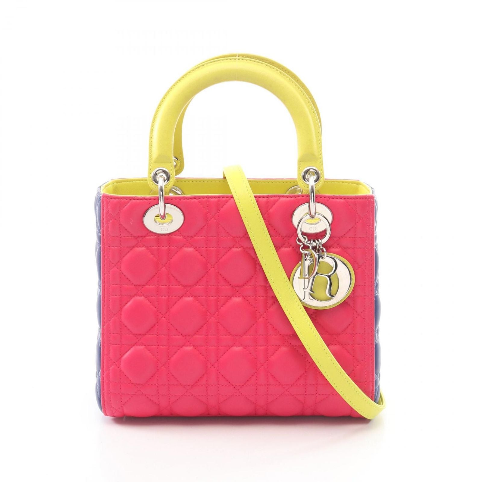 Dior Handbag Lady Dior Cannage 2-Way Magenta Blue Yellow Lambskin Tote