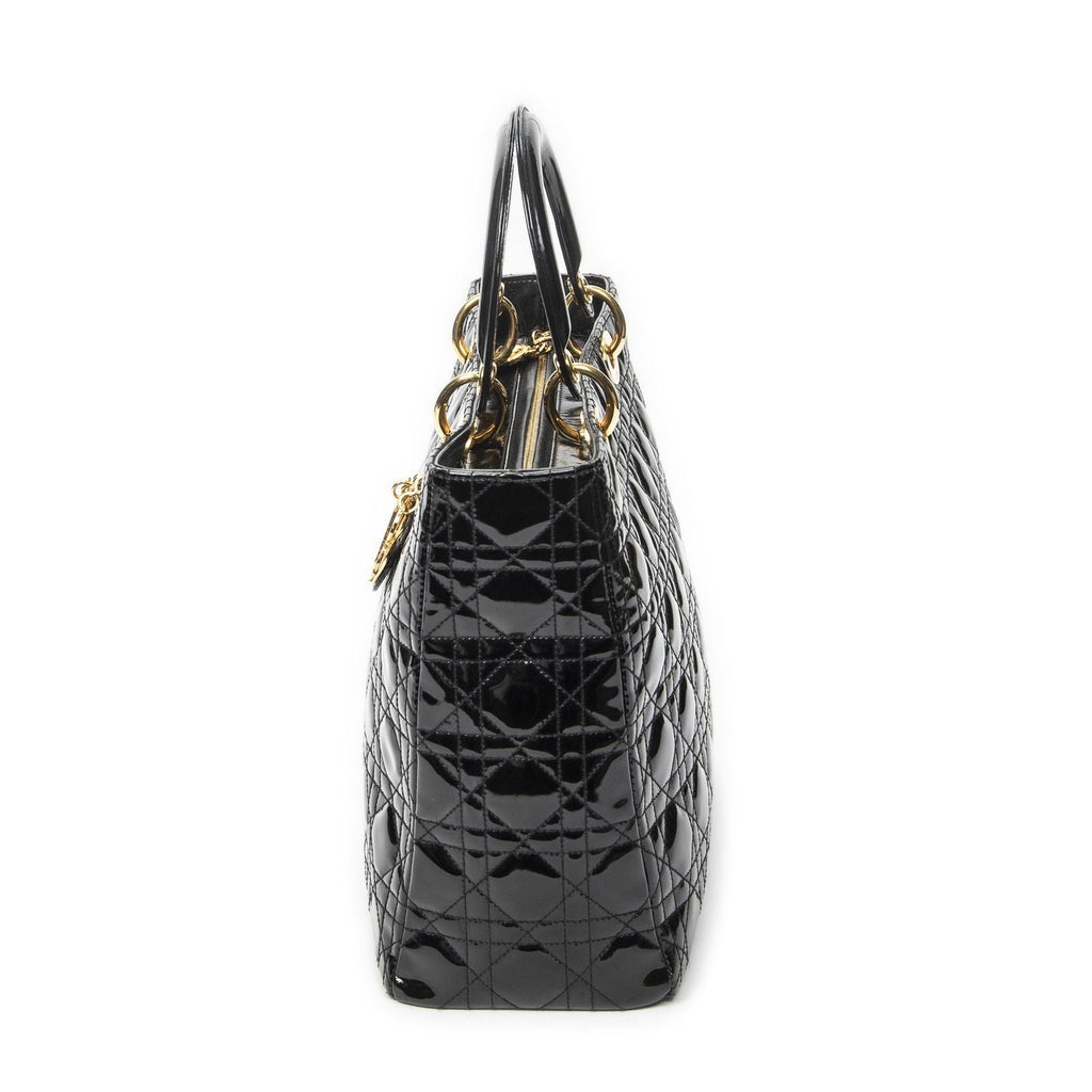 Dior Large Lady Dior Zip Black Cannage Patent Leather Handbag