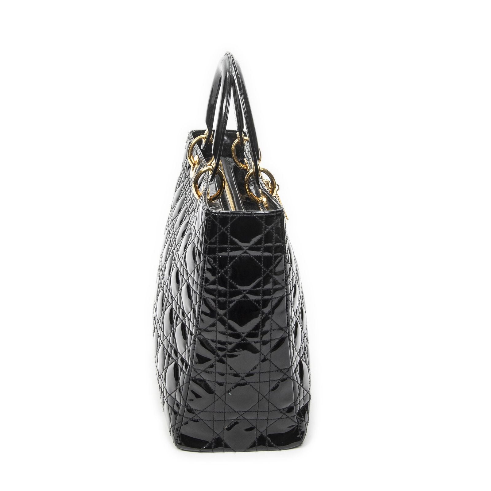 Dior Large Lady Dior Zip Black Cannage Patent Leather Handbag