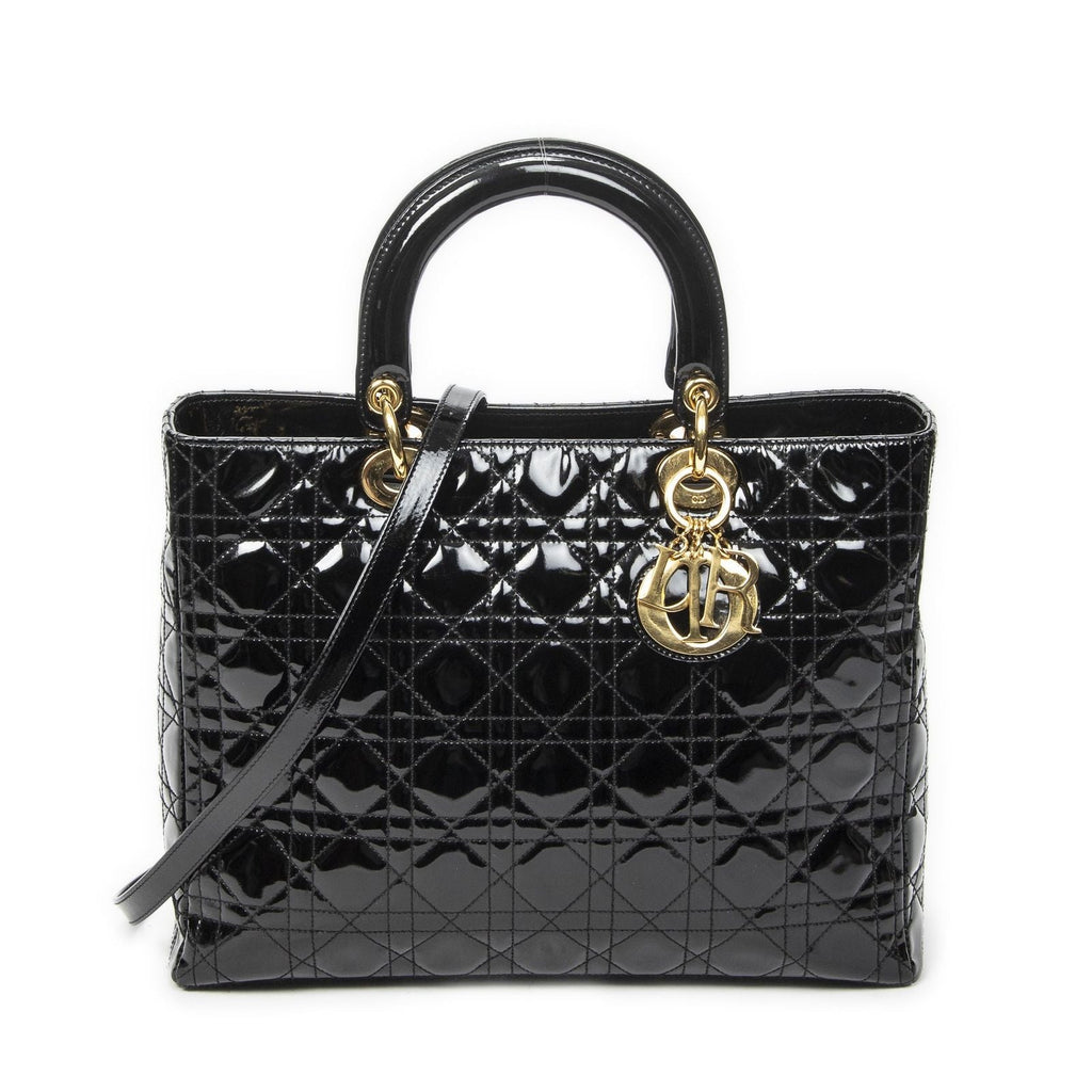 Dior Large Lady Dior Zip Black Cannage Patent Leather Handbag