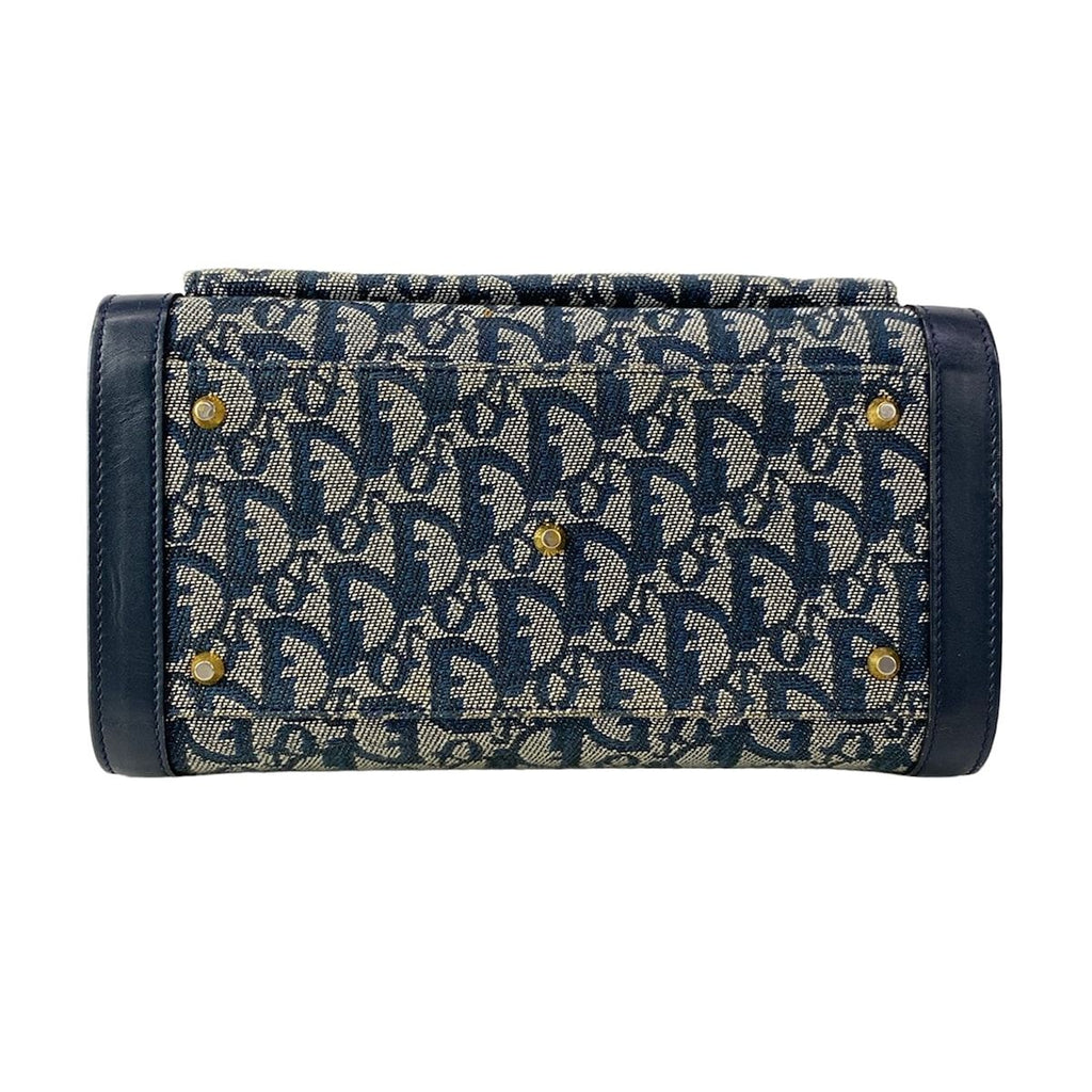 Dior Handbag Logo Glam White Dark Navy Gold Leather