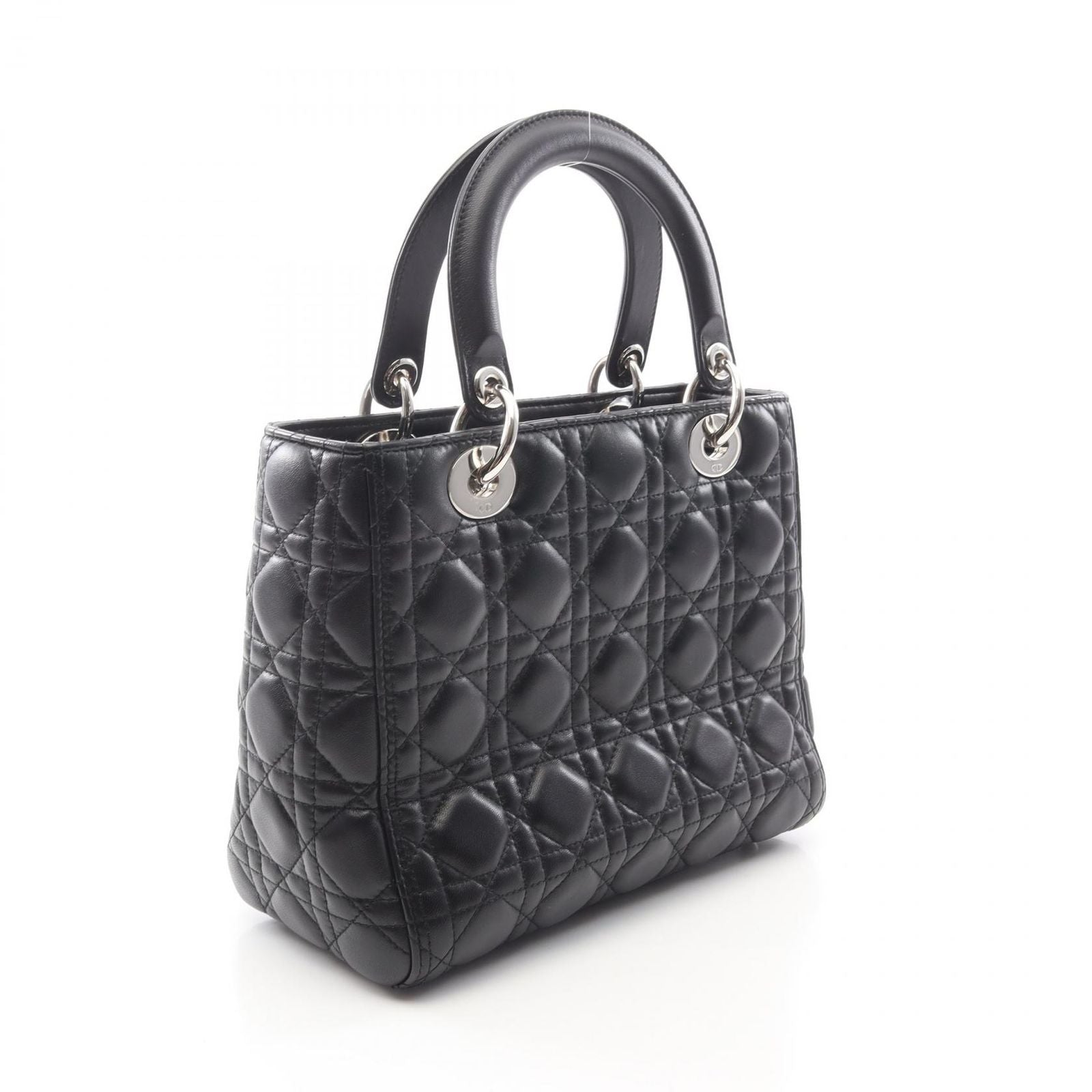 Dior Handbag Lady Dior 2-Way Black Leather Cannage Tote Midi
