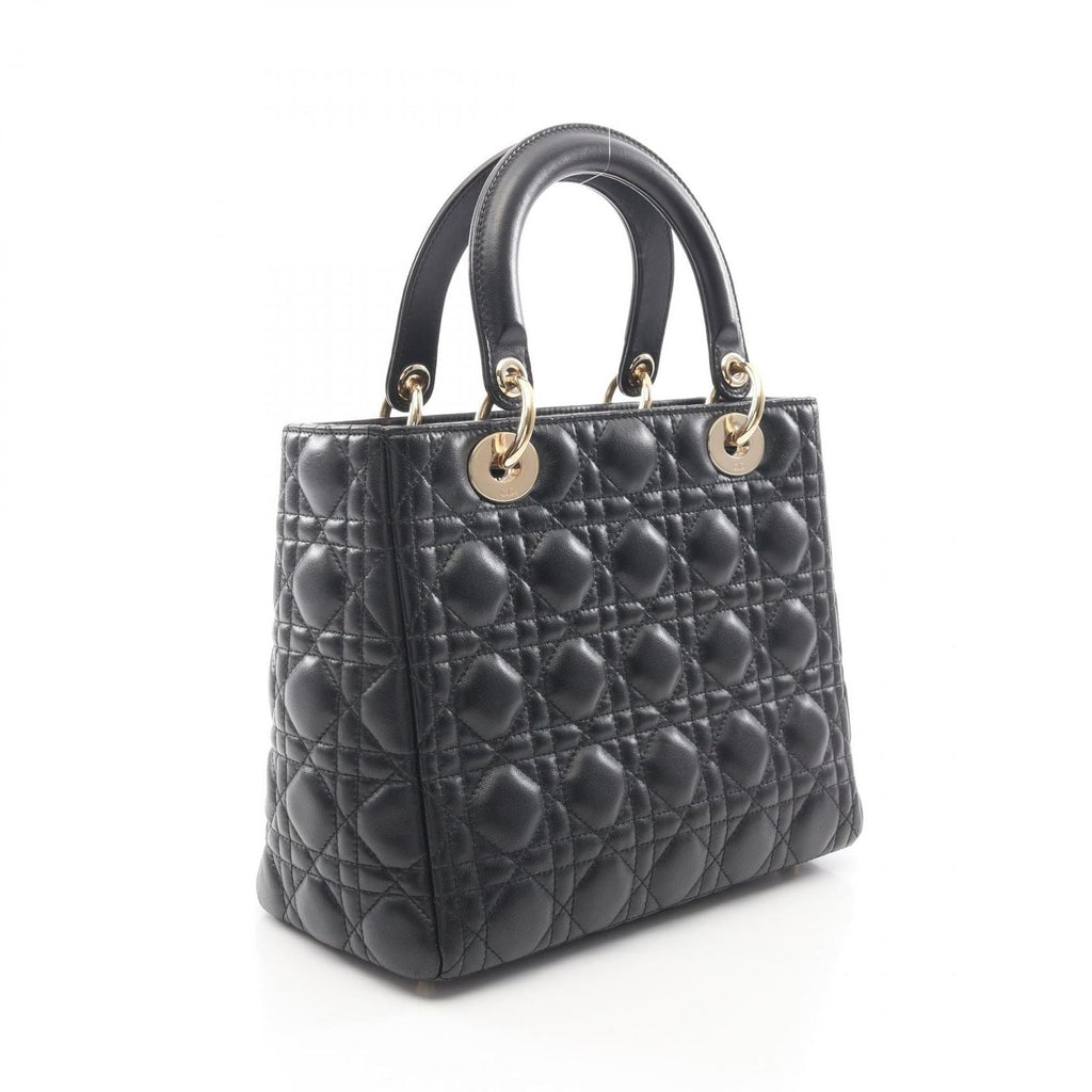 Dior Handbag Lady Dior Cannage Faux Pearl 2-Way Black Leather Tote