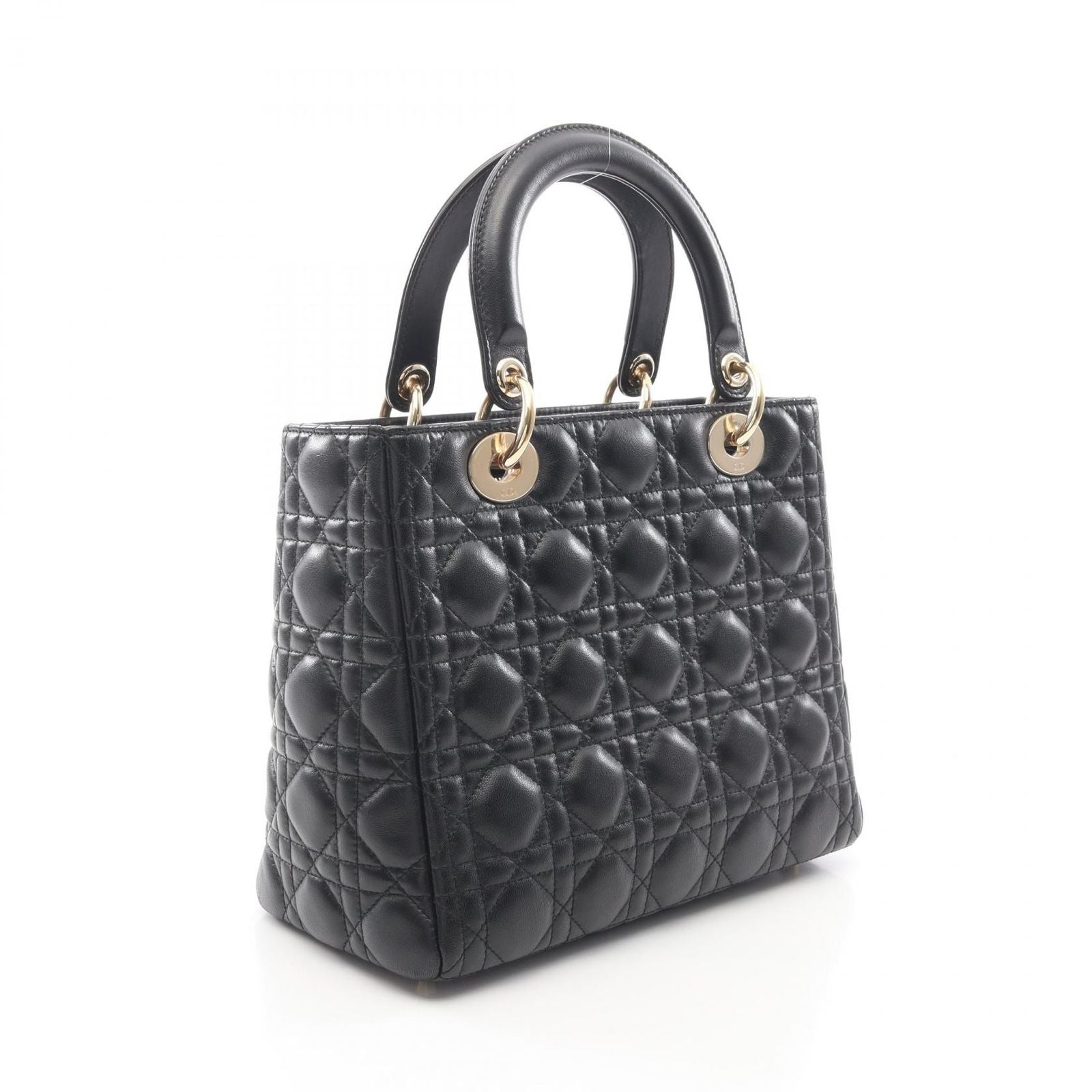 Dior Handbag Lady Dior Cannage Faux Pearl 2-Way Black Leather Tote