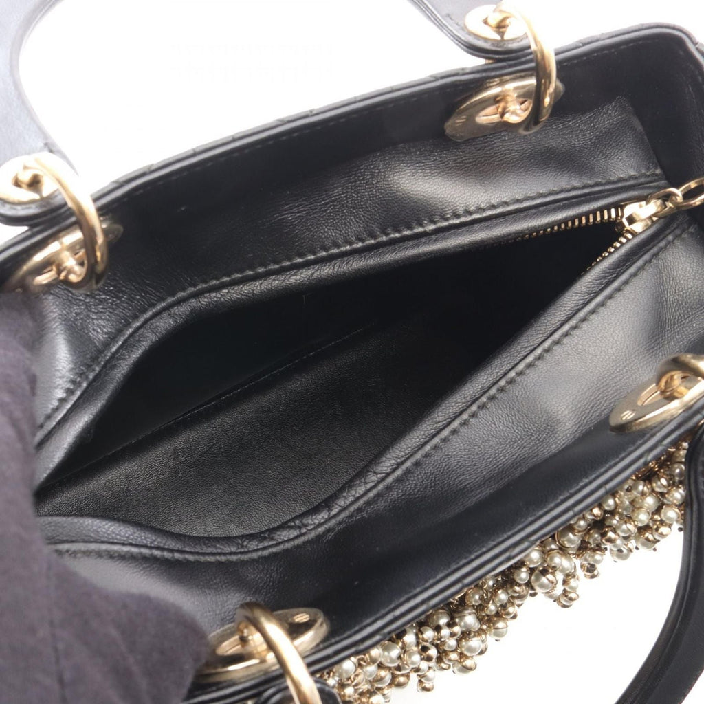 Dior Handbag Lady Dior Cannage Faux Pearl 2-Way Black Leather Tote