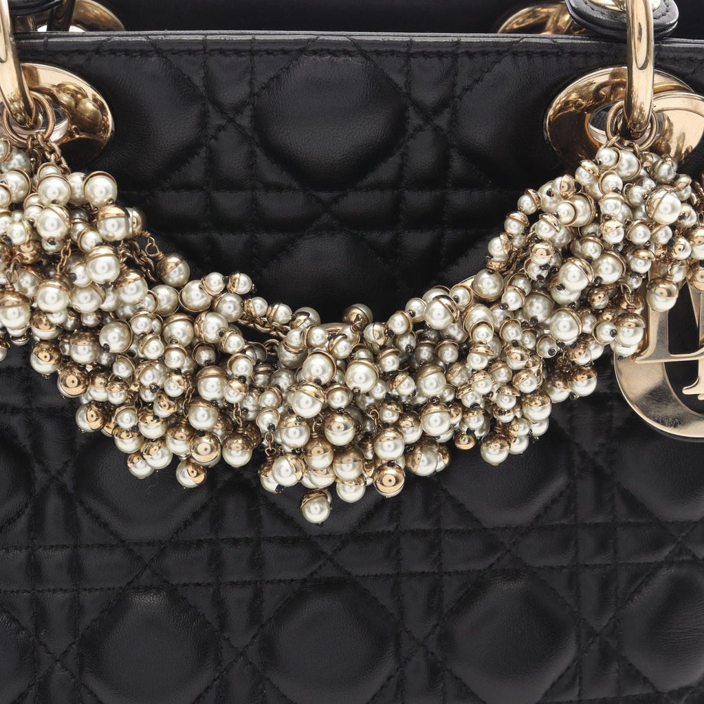 Dior Handbag Lady Dior Cannage Faux Pearl 2-Way Black Leather Tote