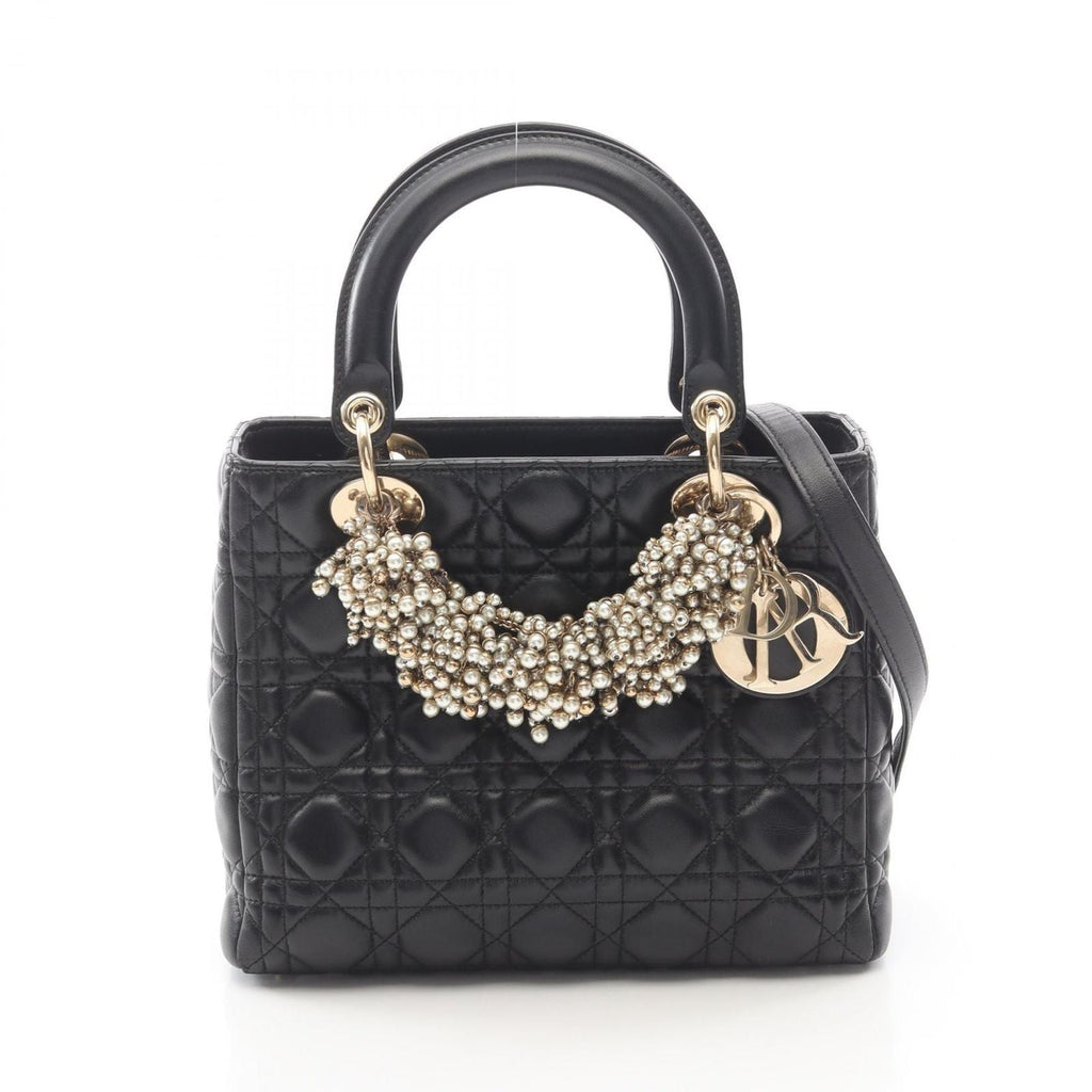 Dior Handbag Lady Dior Cannage Faux Pearl 2-Way Black Leather Tote