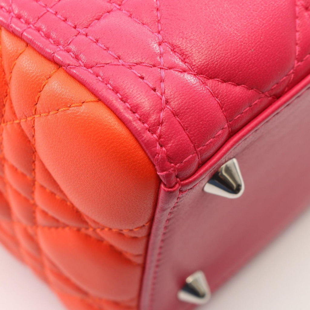 Dior Handbag Lady Dior Cannage 2-Way Magenta Orange Light Blue Leather Tote