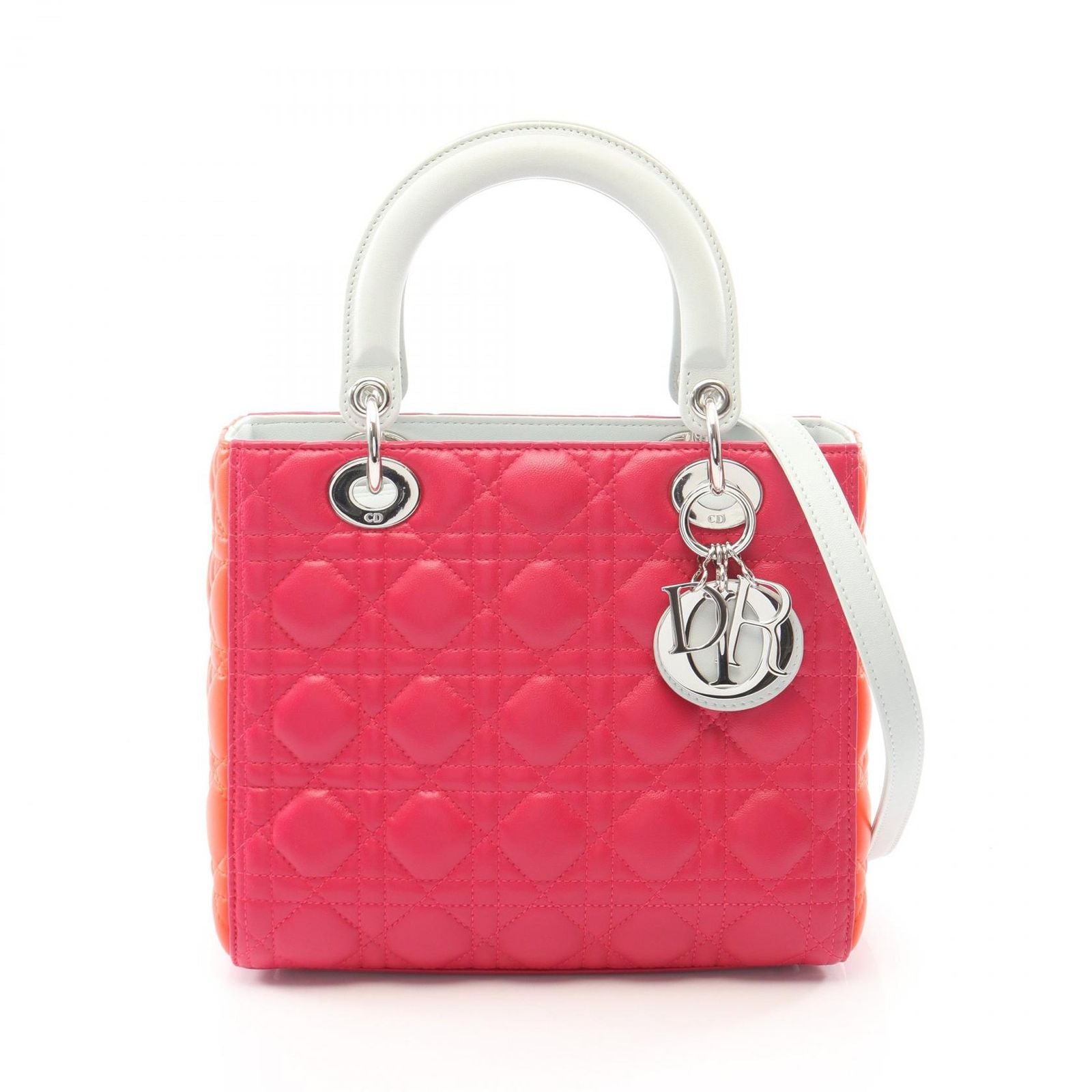 Dior Handbag Lady Dior Cannage 2-Way Magenta Orange Light Blue Leather Tote