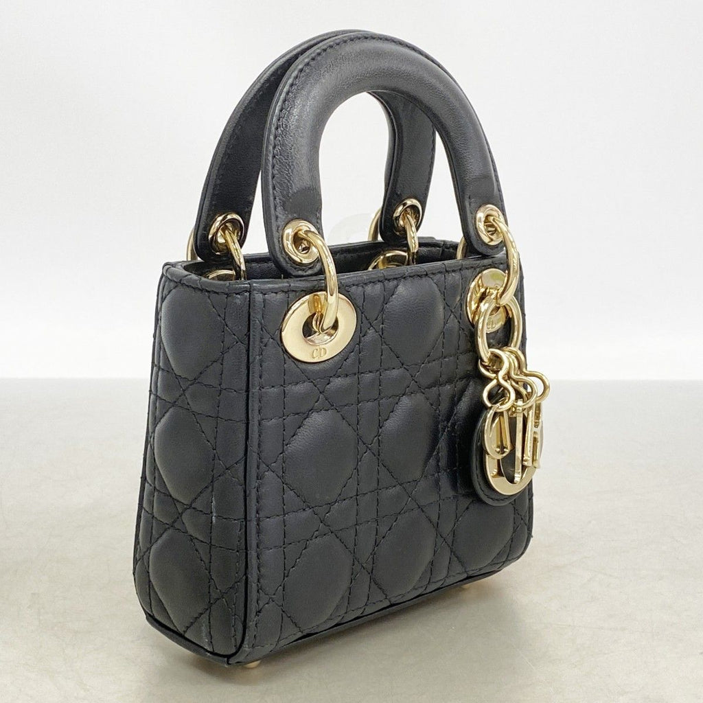 Dior Handbag Cannage Lady Leather Black Champagne Gold