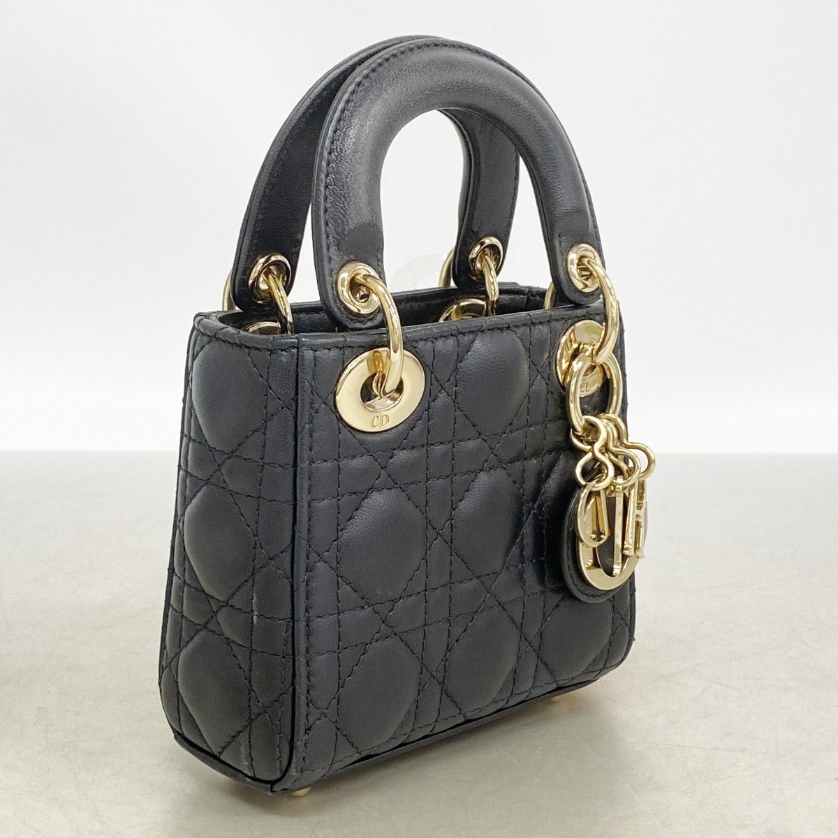 Dior Handbag Cannage Lady Leather Black Champagne Gold