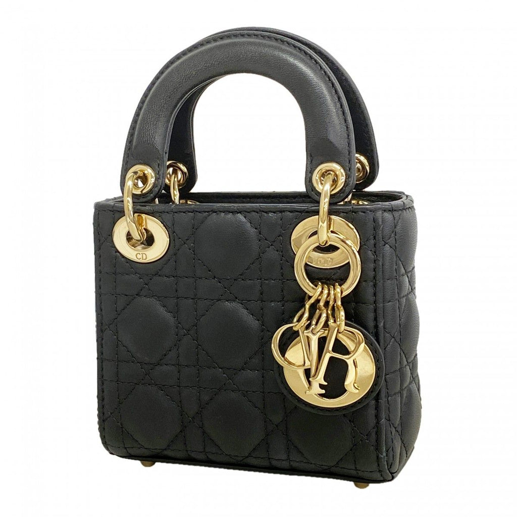 Dior Handbag Cannage Lady Leather Black Champagne Gold