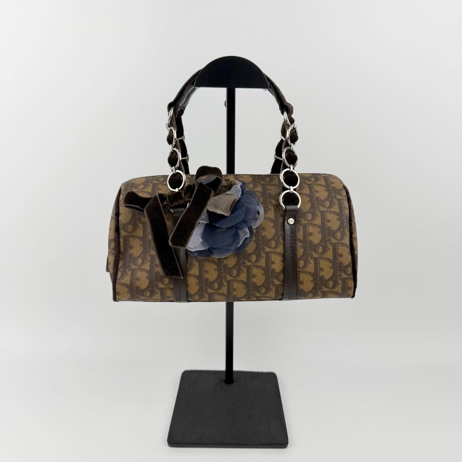 Dior Trotter Flower Charm Handbag Leather Brown Silver Vintage