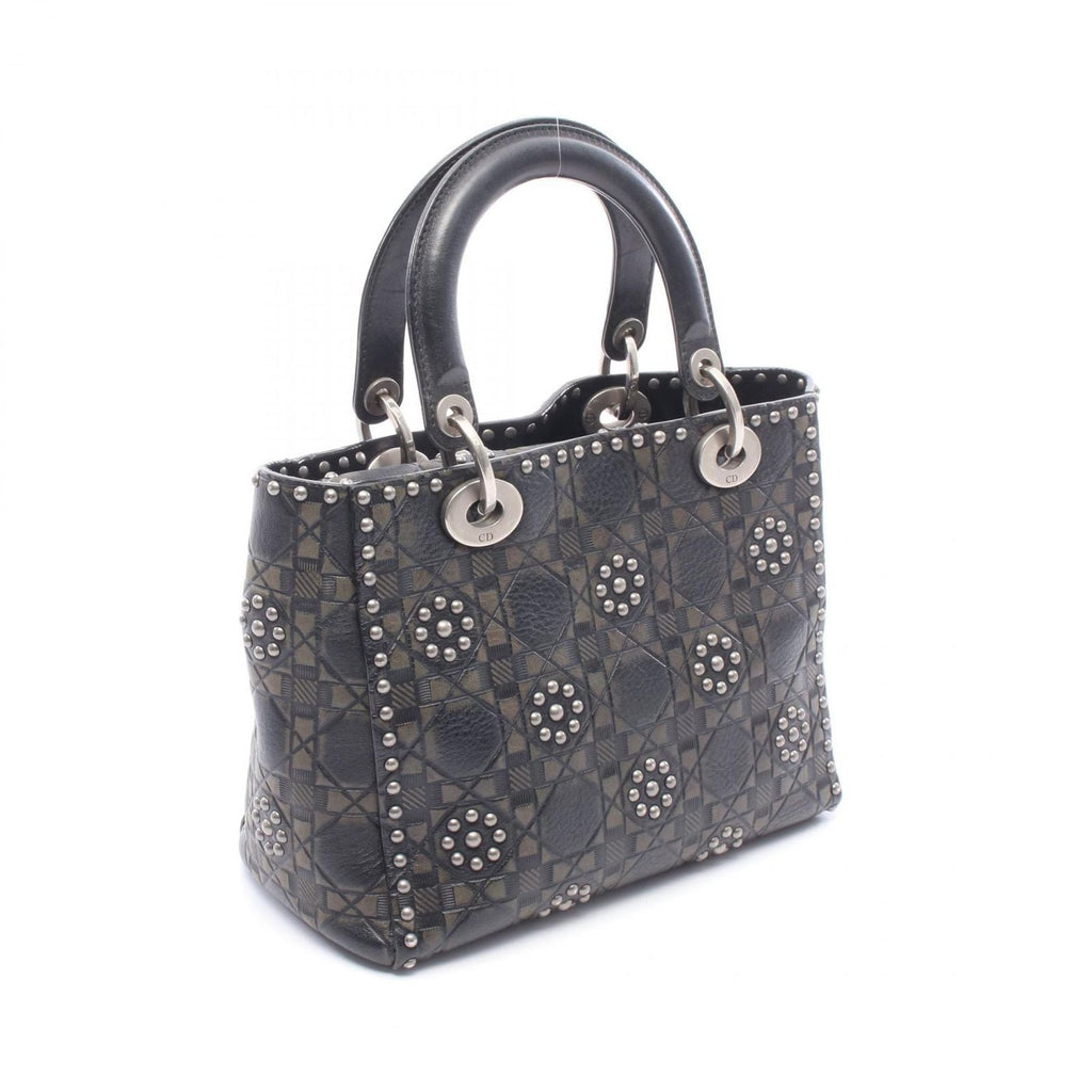 Dior Handbag Lady Dior 2-Way Black Khaki Leather Lady Dior Studs Tote
