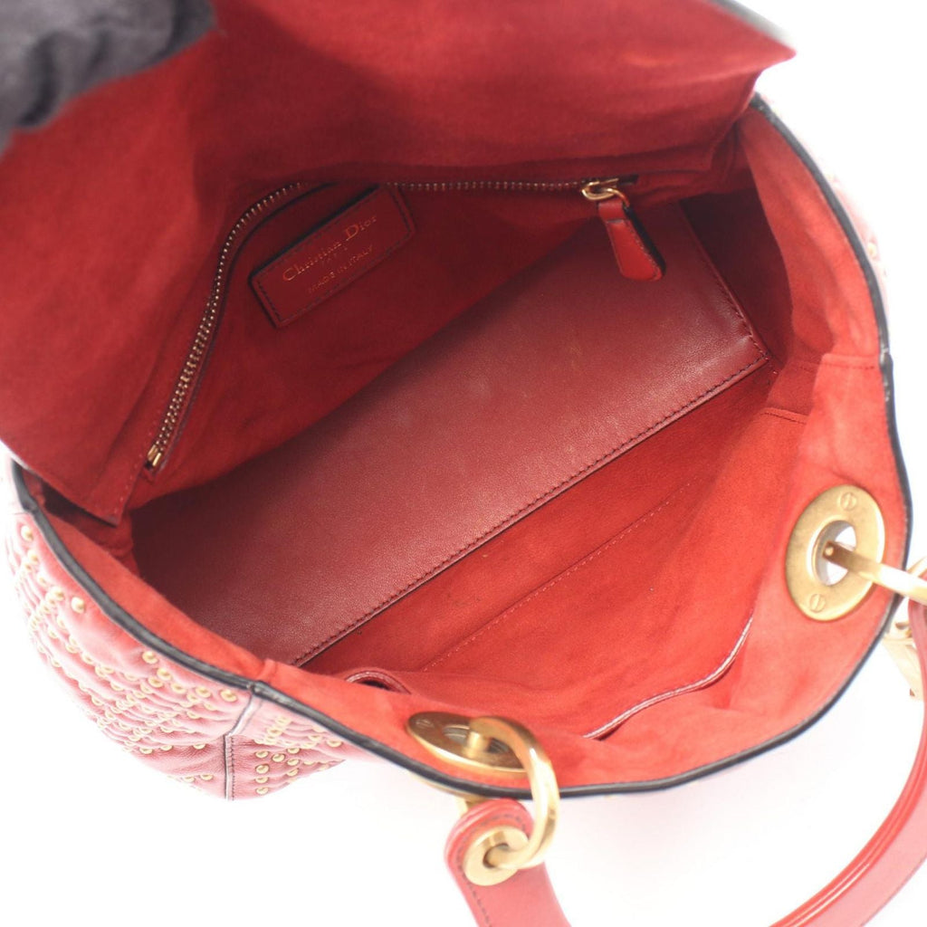 Dior Handbag Lady Dior 2-Way Red Leather Lady Dior Studs Tote