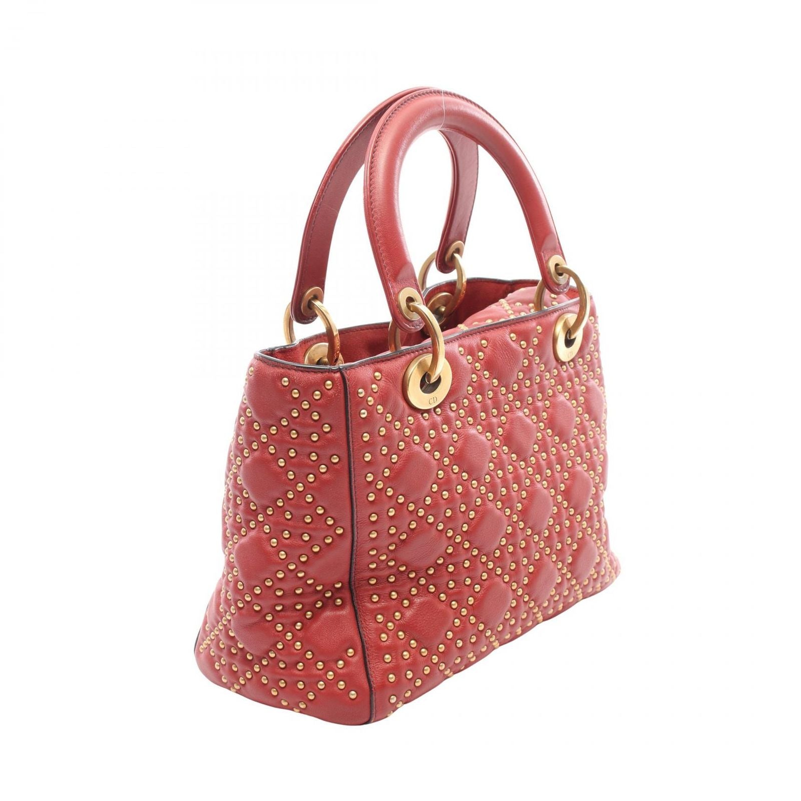 Dior Handbag Lady Dior 2-Way Red Leather Lady Dior Studs Tote