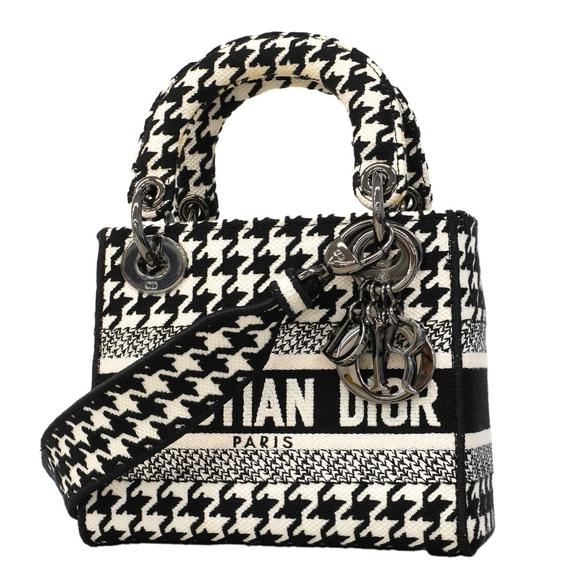 Dior Handbag Lady D Light Canvas White Black Silver 2-Way
