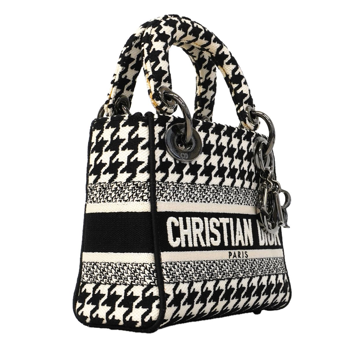 Dior Handbag Lady D Light Canvas White Black Silver 2-Way