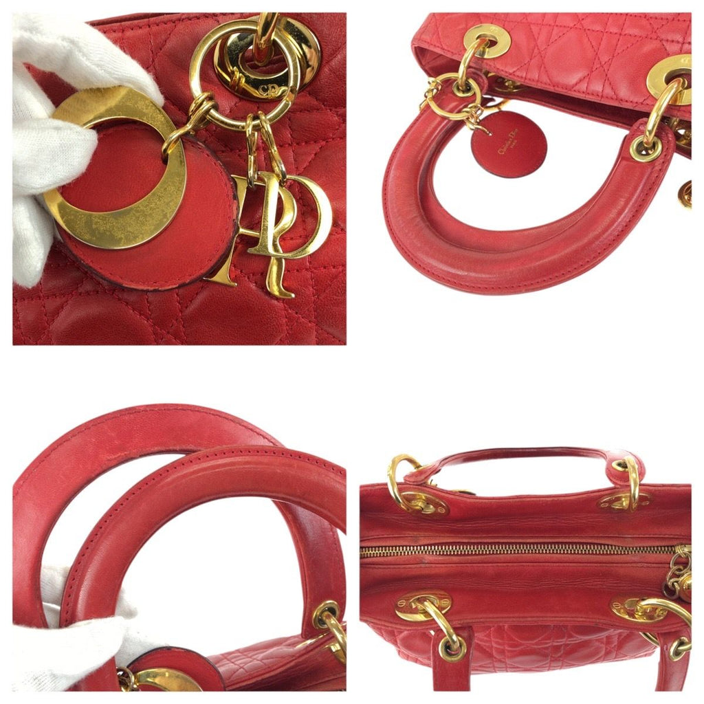 Dior Vintage Lady Cannage Red Gold Leather Handbag