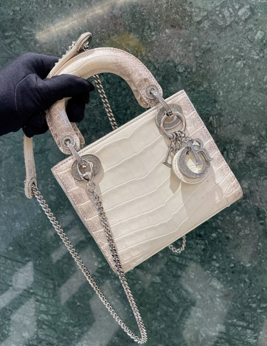 CHRISTIAN DIOR MINI LADY DIOR IN WHITE HIMALAYAN CROCODILE LEATHER & DIAMONDS