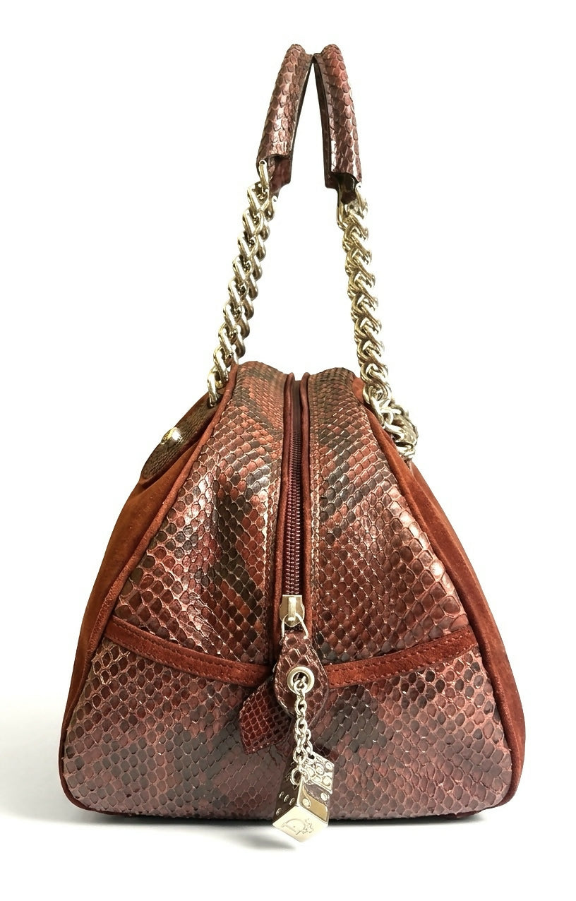 Rare Christian Dior Medium 2004 F/W Burgundy Suede Python Dice Gambler Bowling Bag