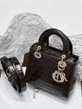 Lady Dior brown shiny alligator leather with diamond hardware