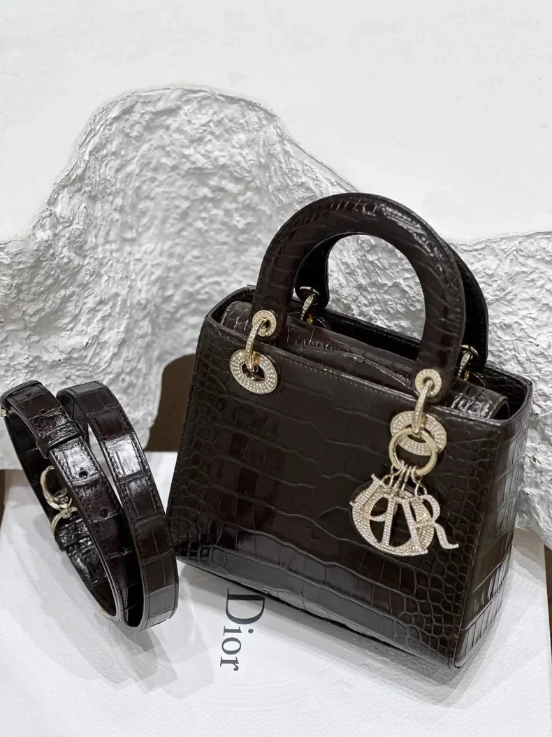 Lady Dior brown shiny alligator leather with diamond hardware