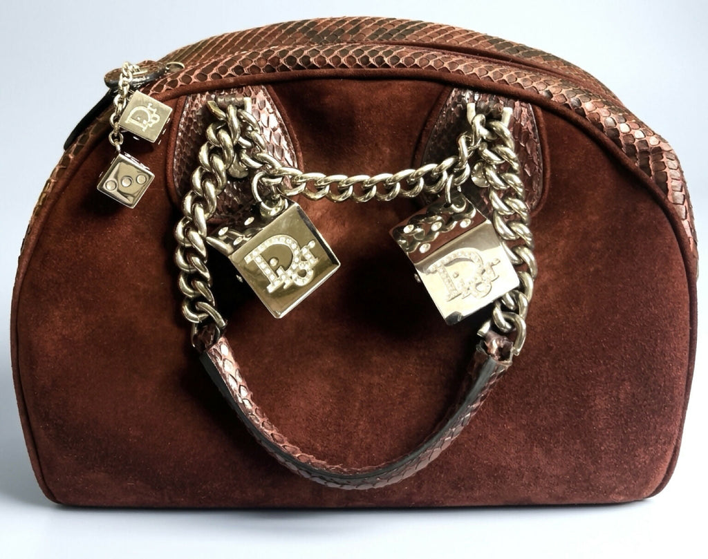 Rare Christian Dior Medium 2004 F/W Burgundy Suede Python Dice Gambler Bowling Bag