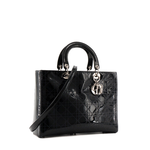 DIOR - Vintage black patent cannage leather Lady Dior Large handbag