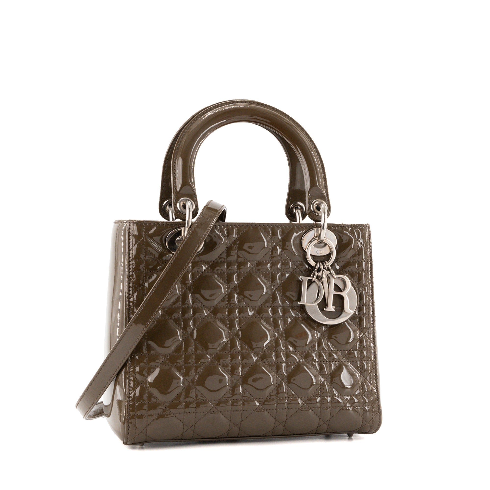 DIOR - Lady Dior medium Dior handbag in brown cannage patent leather
