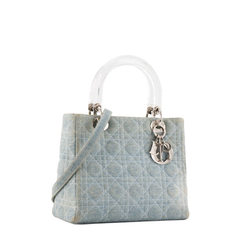 DIOR - Vintage Light Blue Cannage Denim Lady Dior Medium Handbag