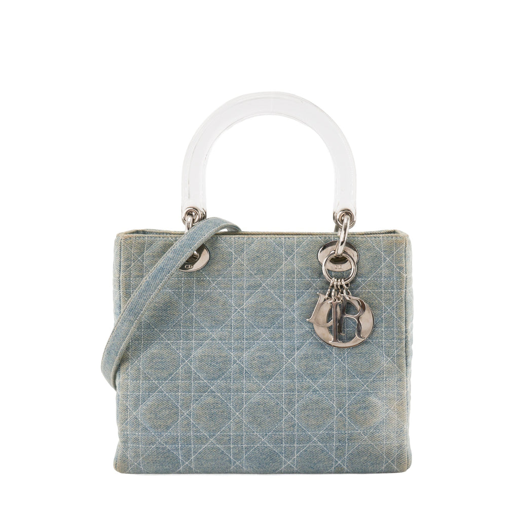 DIOR - Vintage Light Blue Cannage Denim Lady Dior Medium Handbag