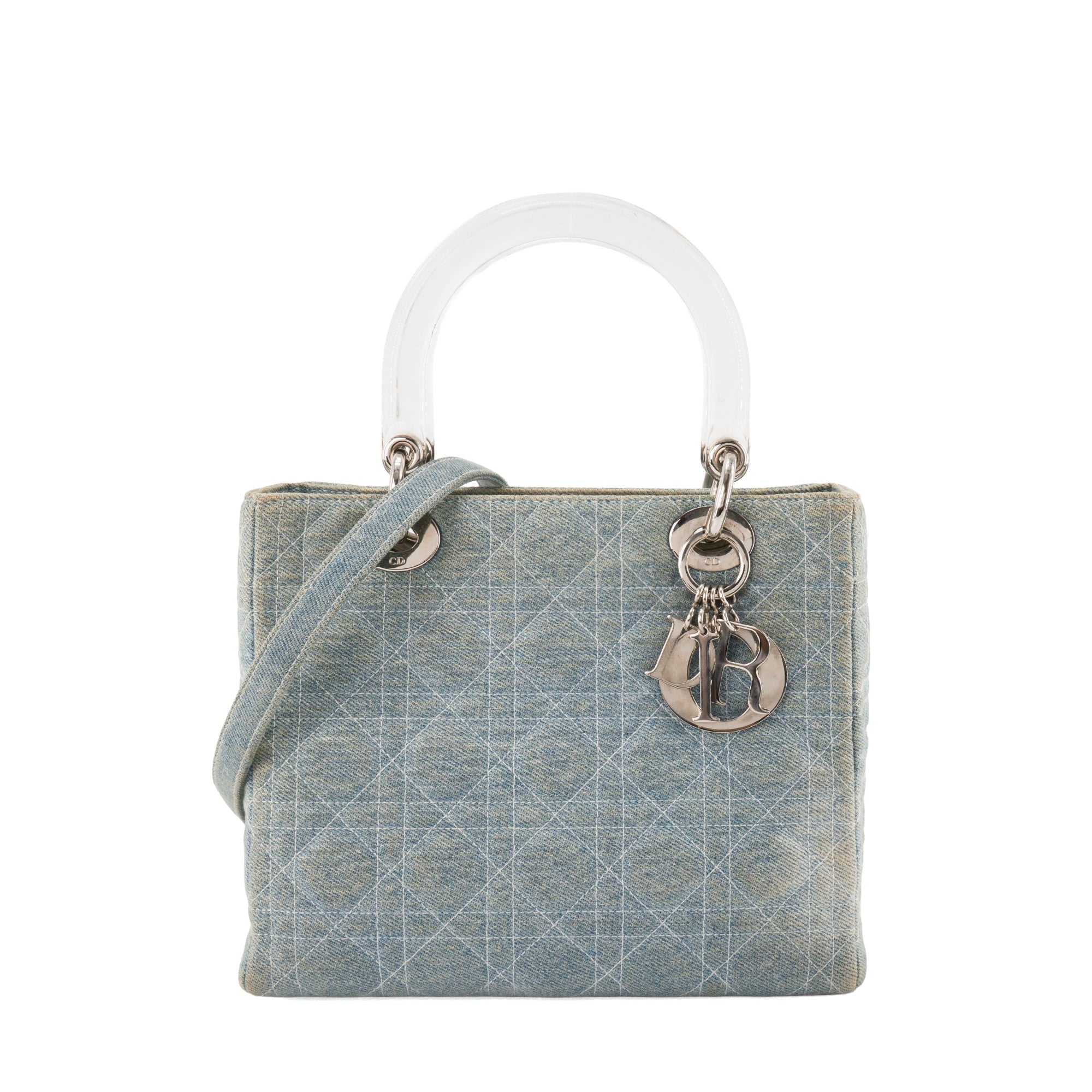 DIOR - Vintage Light Blue Cannage Denim Lady Dior Medium Handbag