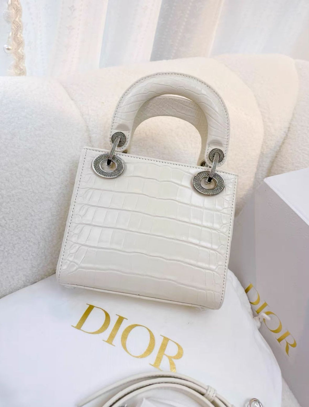 Lady Dior White alligator leather diamond hardware